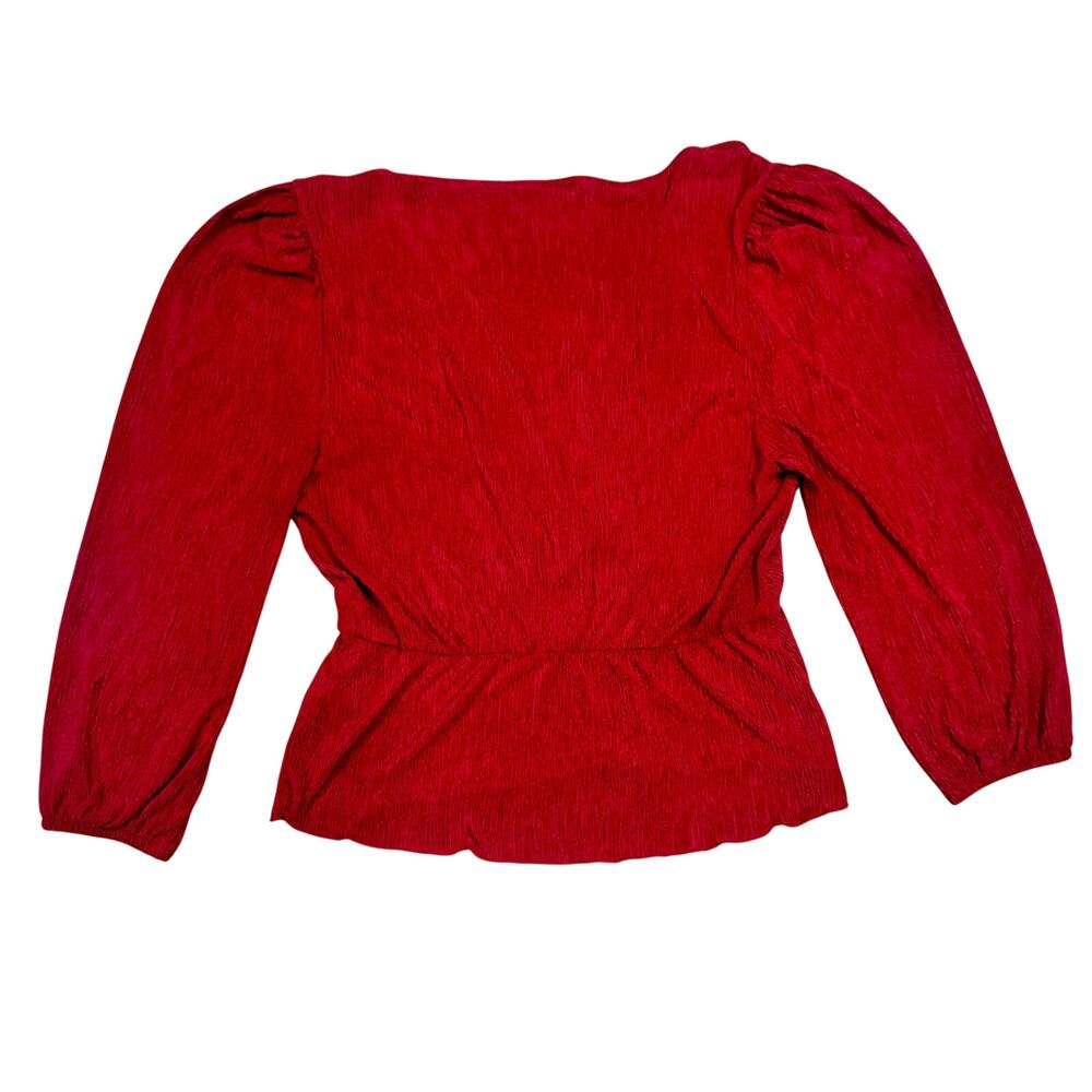 Red Crinkle Plissé Peplum Blouse Surplice Bishop Sleeve Party Large Coquette - Picture 3 of 15